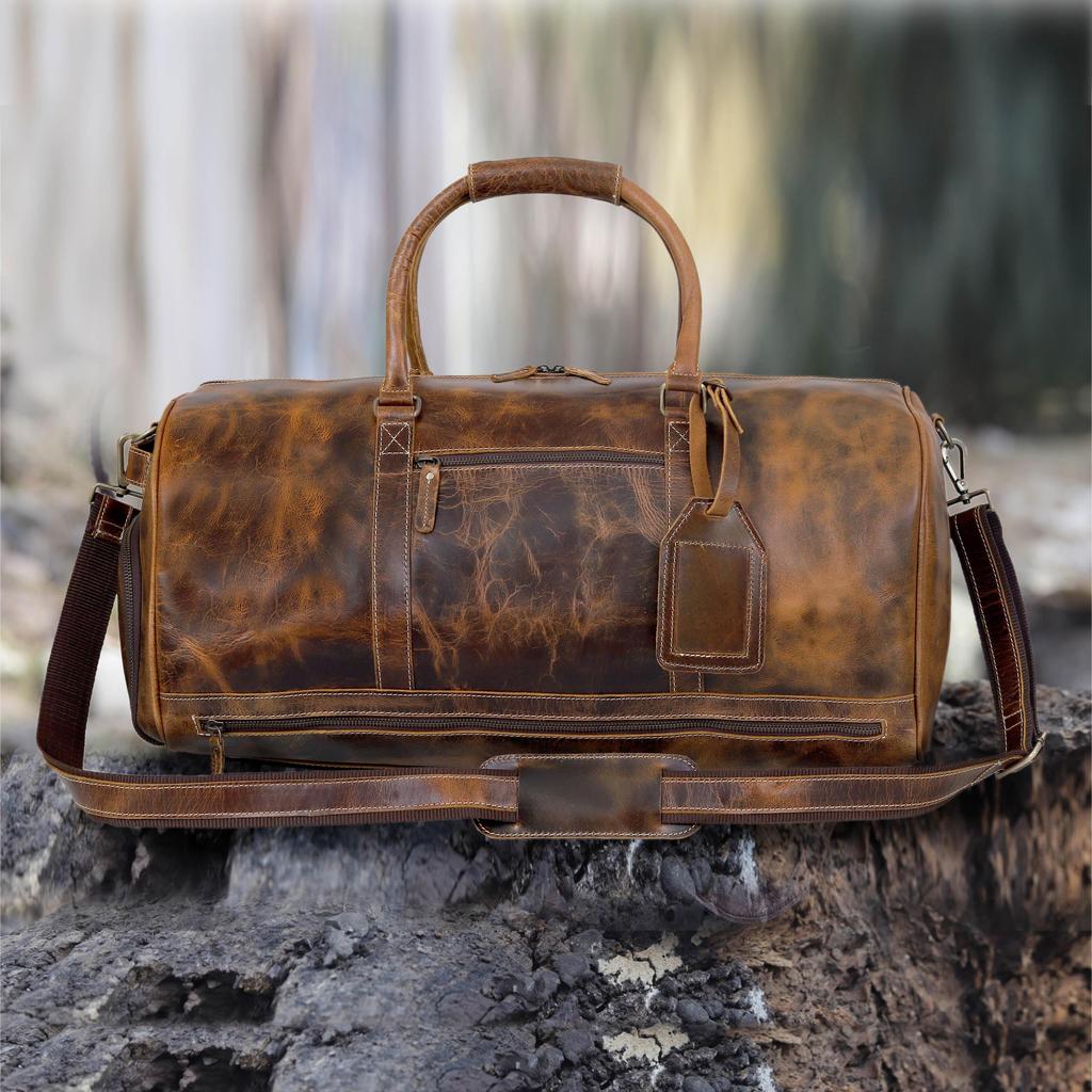 Full Grain Leather Duffle Bag with Shoe Compartment: Personalized Travel Luggage