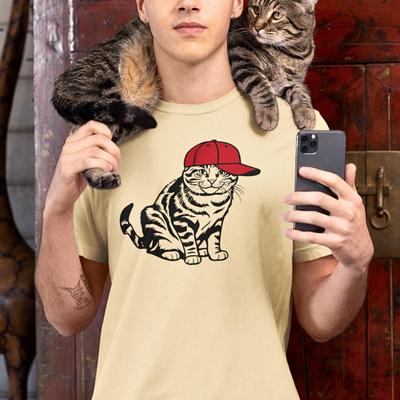 Cat Wearing Baseball Cap Tee - Funny Kitty Graphic Shirt