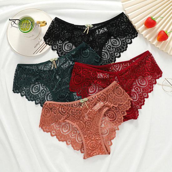 Underpants Women Briefs Hollow Out See-through Lace Thin Bow-knot Sexy Panties Mid Waist High-elasticity Lady for Daily Wear