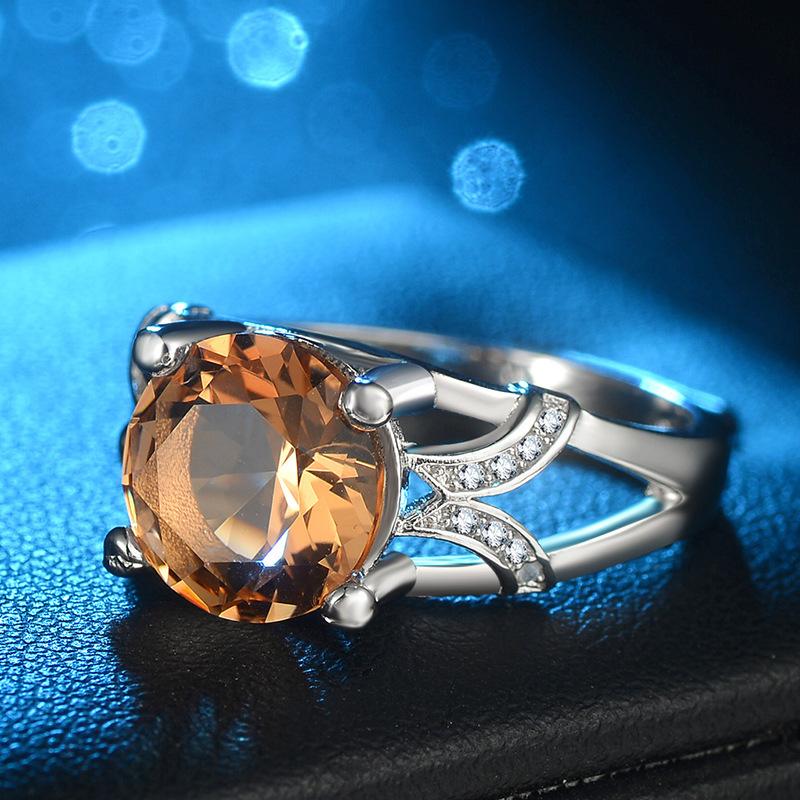 Popular Micro Zircon Champagne Crystal Round Ring With 925 Silver Plated White Gold Ring Jewelry