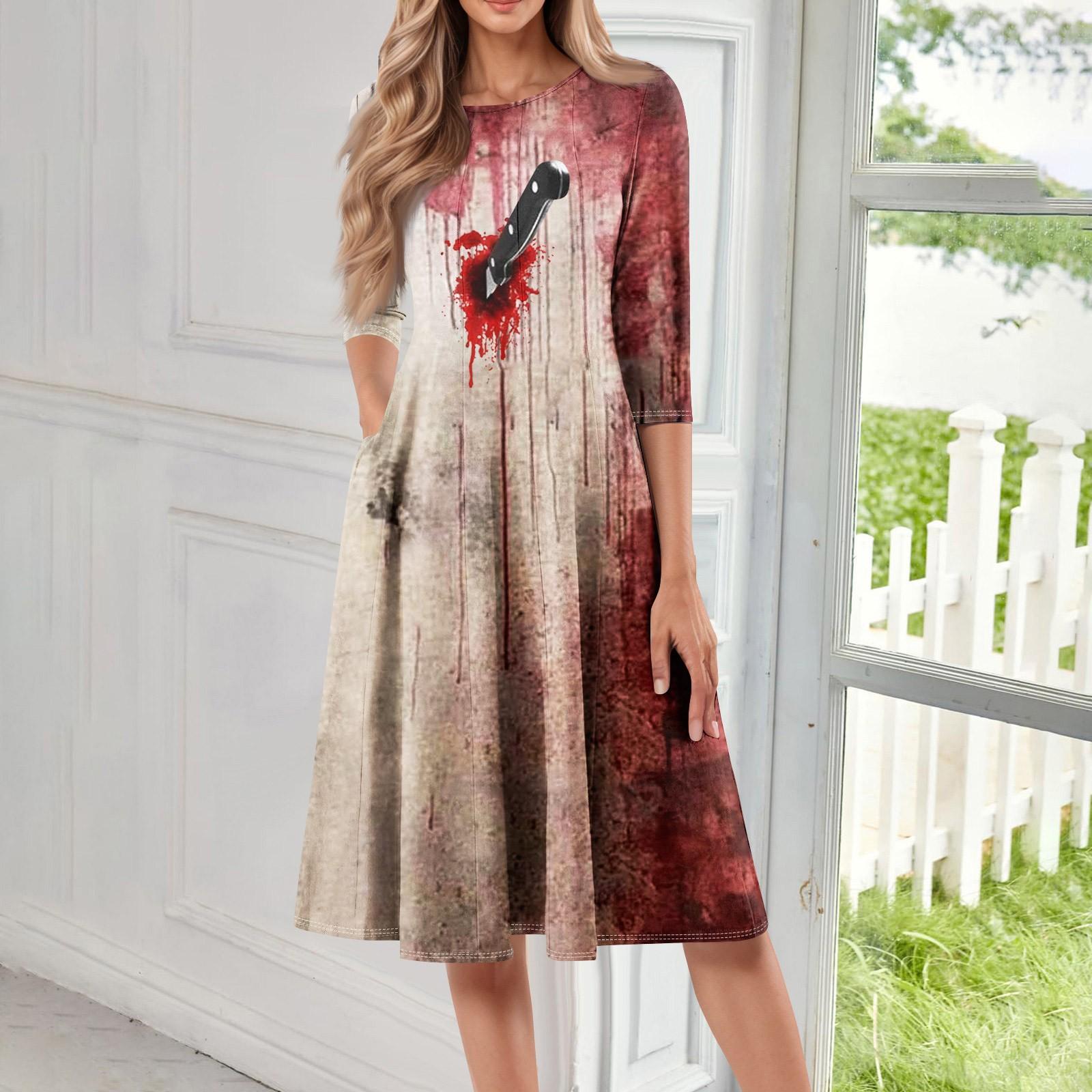 

Women s Casual Fashion Round Neck Three Quarter Sleeve Halloween Print Midi Dress L чорний