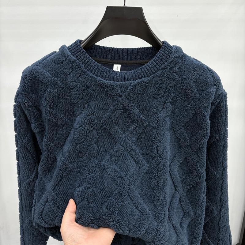 Men s Korean-Style Flannel Knitted Sweater - Velvet, Solid Color, Trendy Round Neck XL