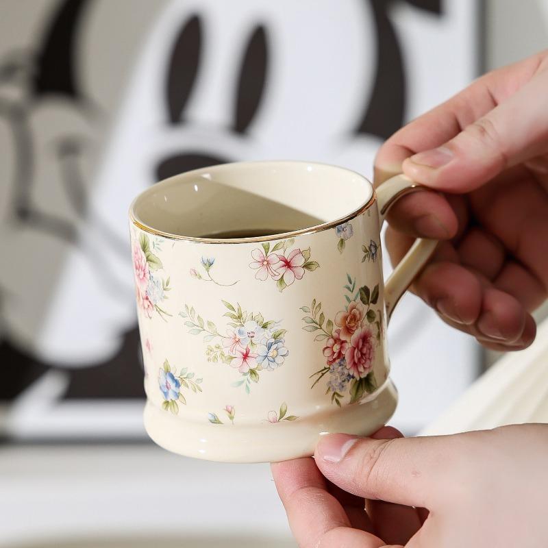 European Floral Mug Vintage Ceramic Coffee Cup Gold Painted Afternoon Tea Ceramic Cup Home Breakfast Milk Oatmeal Mug Gift 290ml