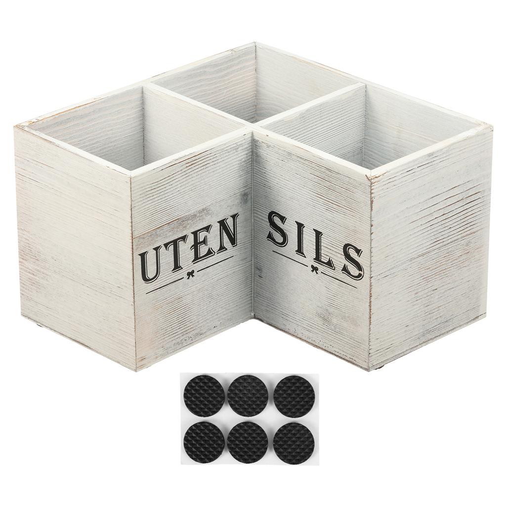 Kitchen Utensil Holder Wood Corner Utensil Caddy with 3 Compartments Vintage Countertop Storage Rack for Home Kitchen Decoration