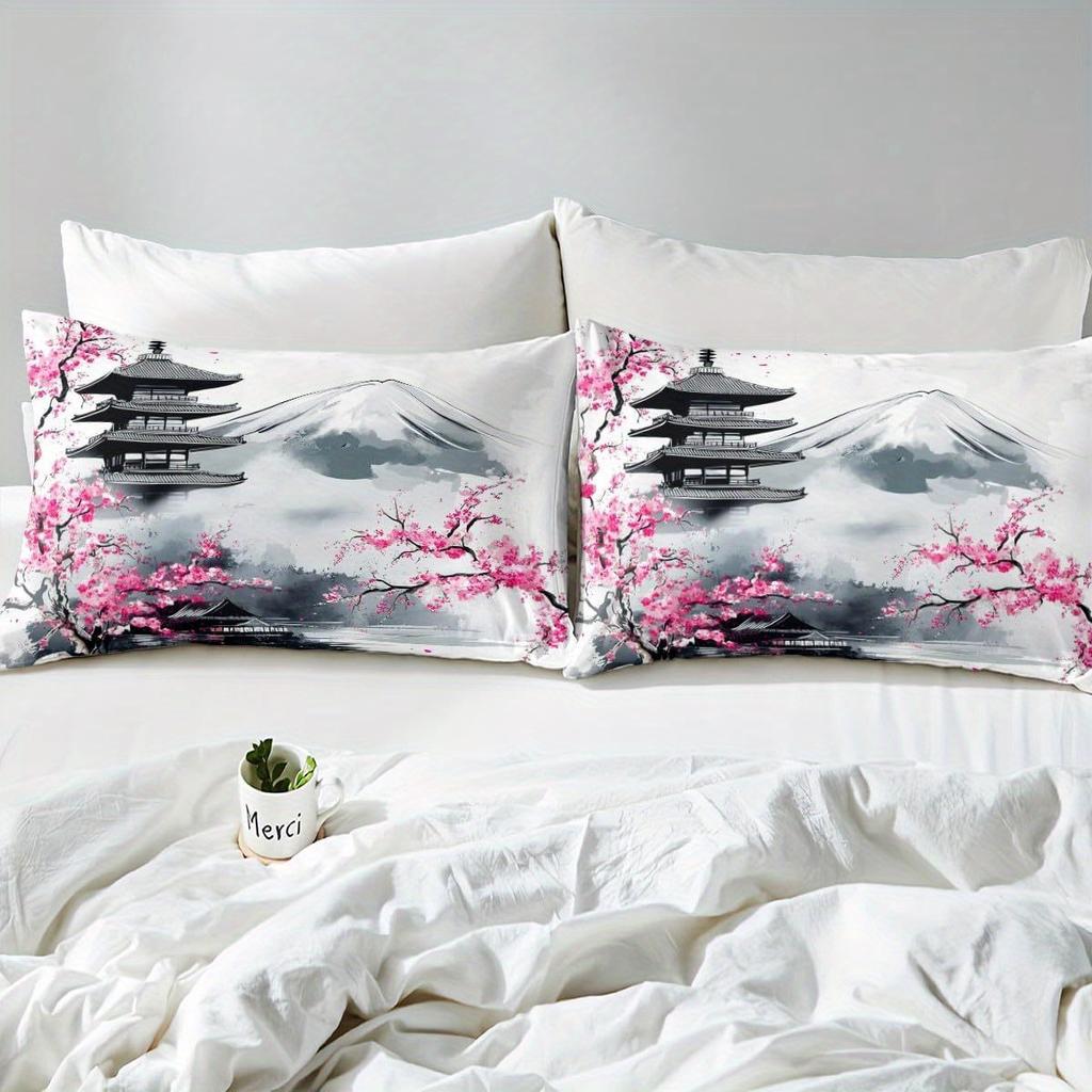 2/3pcs Japanese Fuji Mountain Bedding Set Pink Cherry Blossom Chureito Pagoda Bedding Duvet Cover Set Exotic Sakura Flower