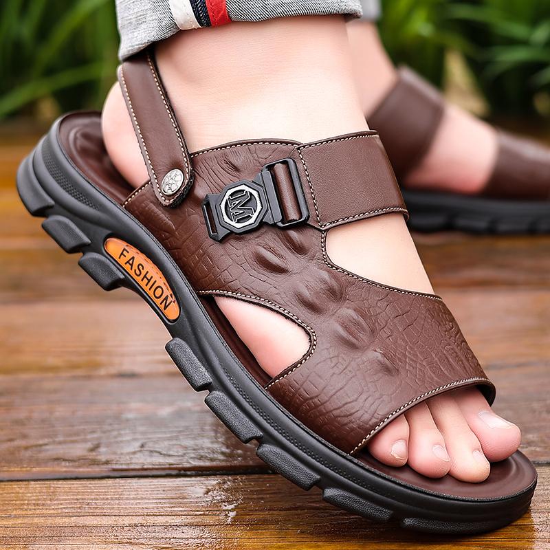 Genuine Leather Men Sandals Black Brown Summer Outdoor Antiskid Casual Sandals Cowhide Beach Shoes Two Uses Men Sandals Slippers