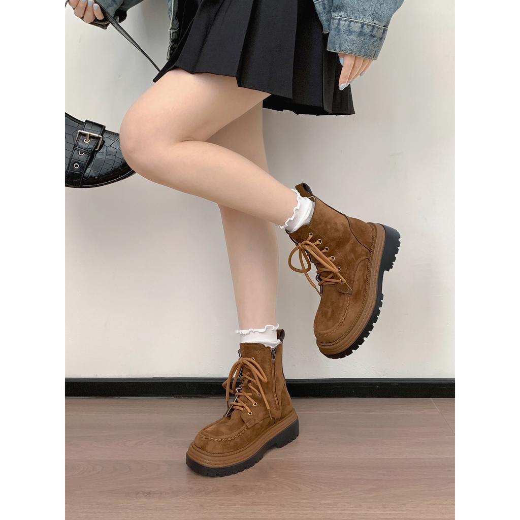 Maillard hnědé retro stylové boty Martin s vysokou silnou podrážkou dámské 2025 nové podzimní silný podpatek tenké krátké boty