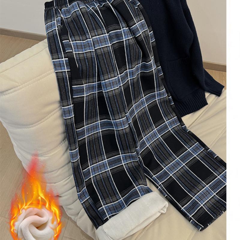 Blue Plaid Pants for Women In Winter New Style Draped Lazy Style Retro Straight-leg Pants High Waist Loose Plus Velvet Wide-leg Pants
