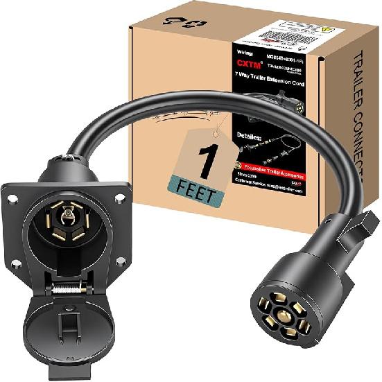 7-Way Trailer Extension Cord Wire Cable, 1 Feet 7 Way Trailer Extension Cable, Wiring Harness 7 Prong Tow Wiring Connector Cord 7 Blade Trailer