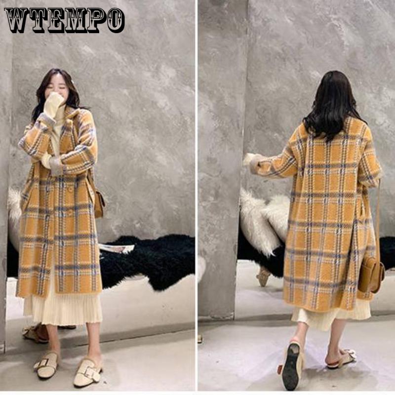 Women's Coats and Jackets Fashion Women's Plaid Double-Breasted Woolen Coat Ladies Overcoat