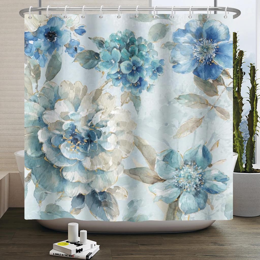 Floral Shower Curtain Flower Butterfly Waterproof Polyester Bathroom Curtain With Hooks Bathtub Screen