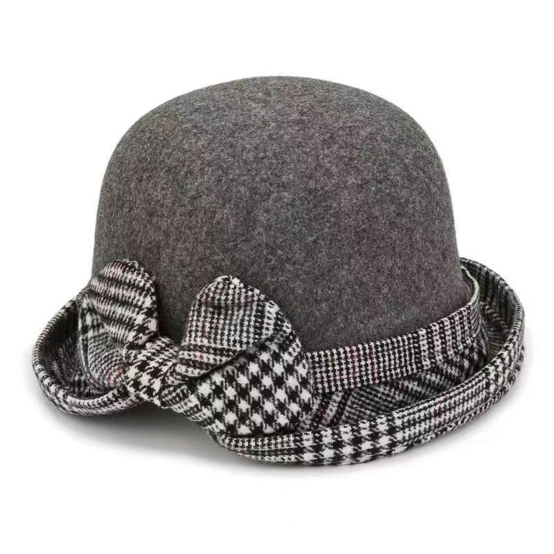 Basin Hat Women's Autumn and Winter Hemming Elegant Bow Woolen Hat Plaid Top Hat British