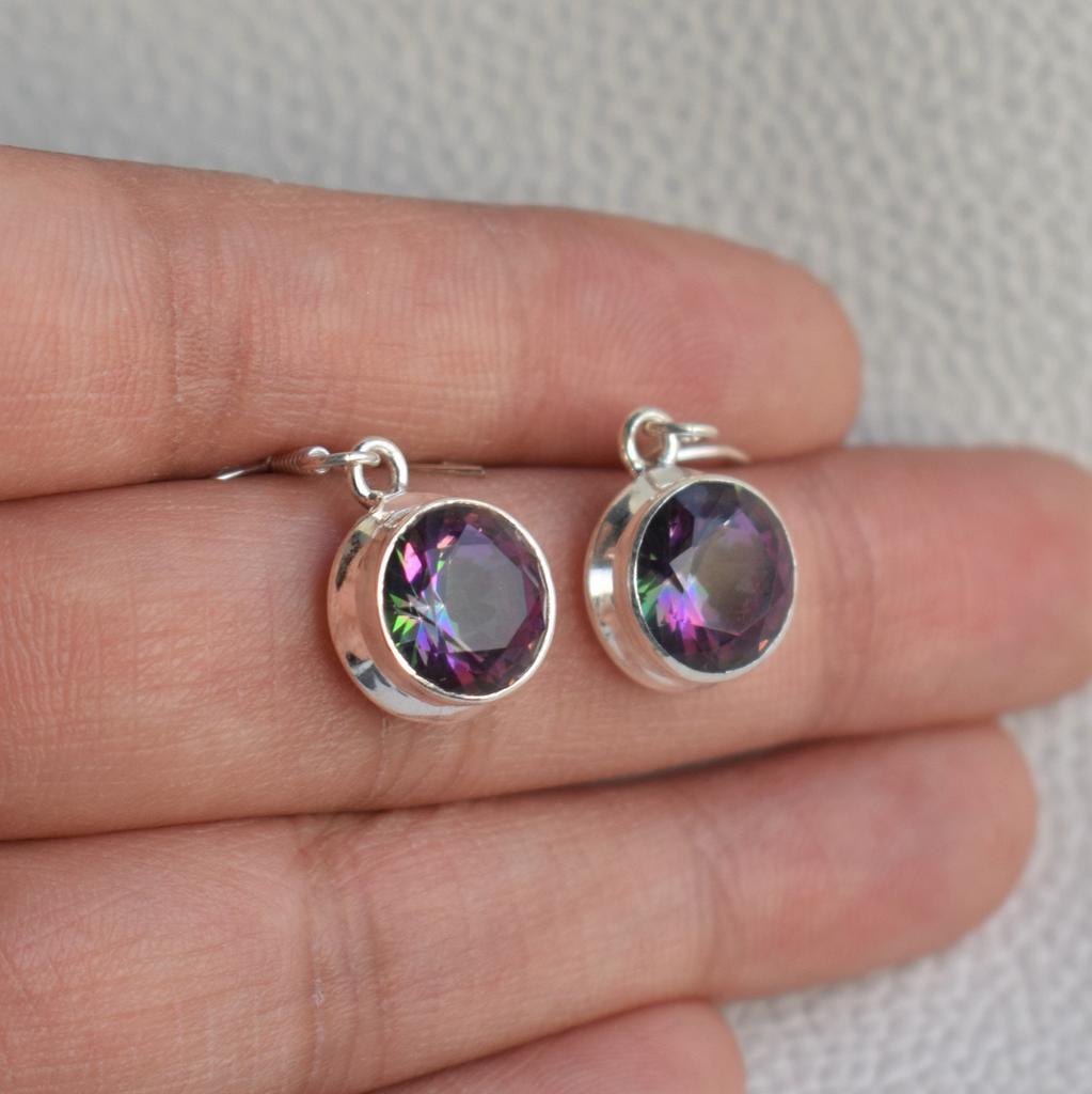 Mystic Topaz Earrings, Handmade 925 Sterling Silver Earring, Round Topaz Earrings, Birthday Gift, Rainbow Earring, Gemstone Earrings