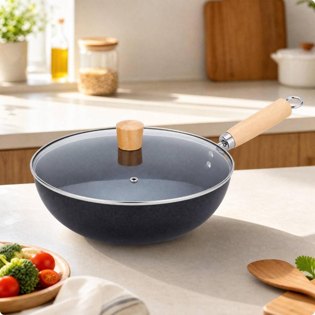 Round Iron Wok Versatile with Glass Lid EasyCare StirFry Pan for Small Household Cooks, Everyday