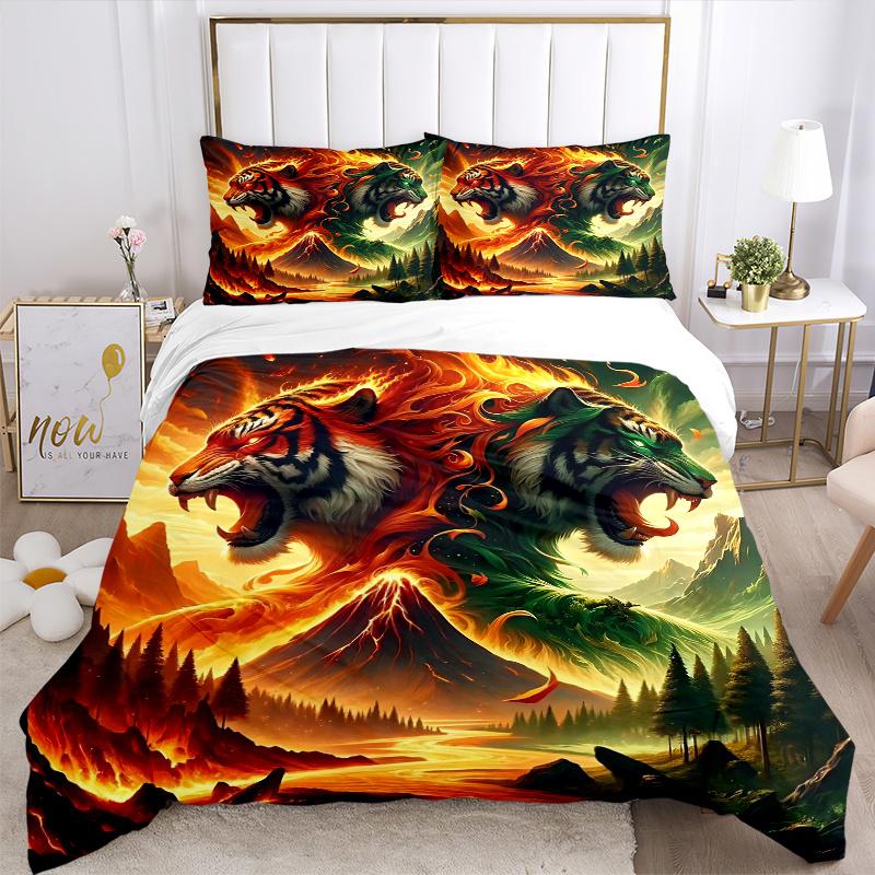 3pcs Flaming and Verdant Tiger Printed Duvet Cover Set (1 * Cover+2 * Pillowcase, Without Core), Suitable for Home Bedroom,