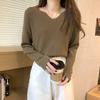Ladies Autumn Winter Long Sleeve V Neck Slim Fit Basic Solid Color Pullover Knitted T Shirt Top for Layering