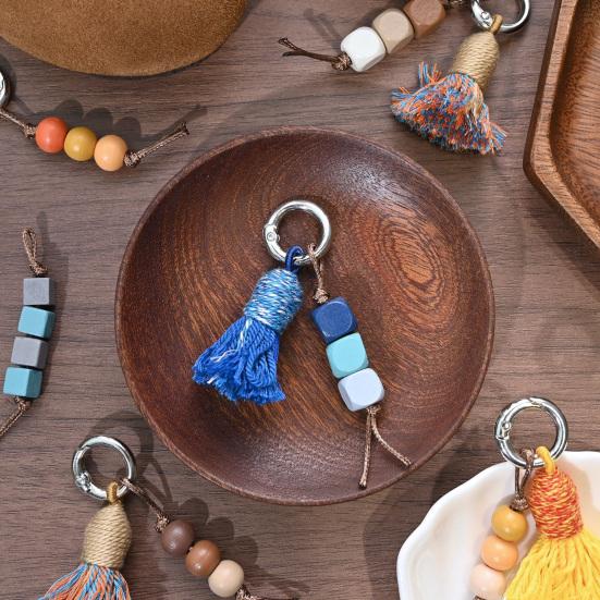 Tibetischer Regenbogen-Quasten-Anhänger Schlüsselanhänger Perlen Ethnischer Stil mit Natürlichem Holz Taschenanhänger Schuhdekoration mit