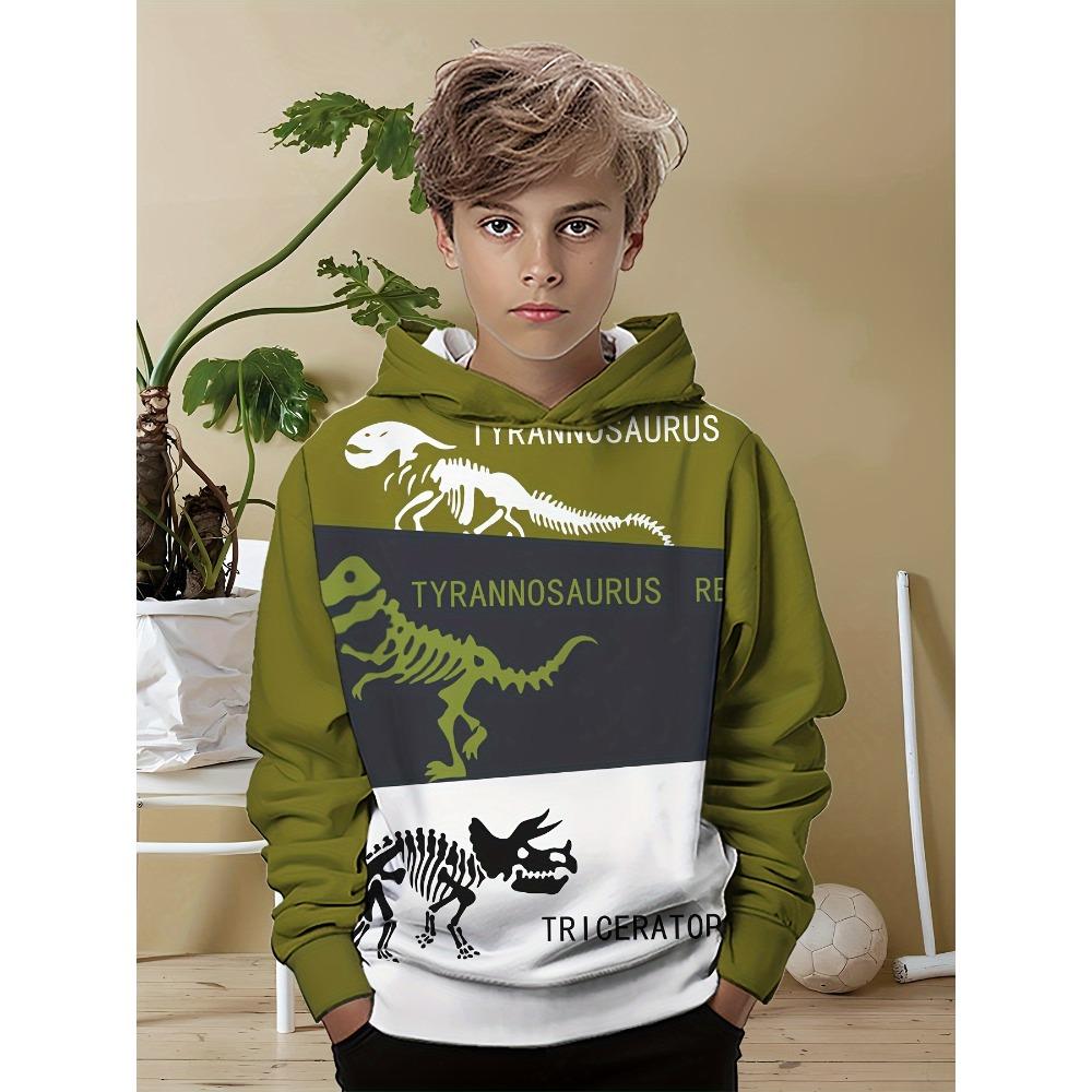 Boys' Cool Dinosaur 3D Printed Hoodie - Comfortable Stretch Casual Hoodie, Machine Washable - Spring and Autumn Seasons