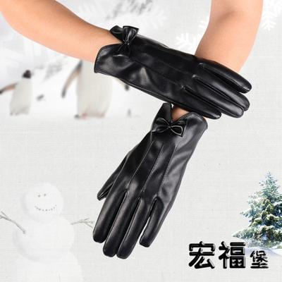 Warme Damenhandschuhe Leder Touchscreen Niedliche Schleife Dreizeiliger Touchscreen Kältefest Samt Herbst und Winter Lederhandschuhe