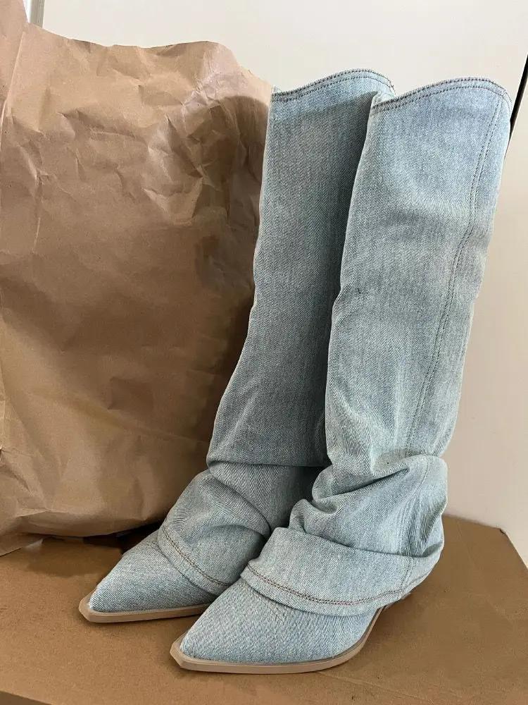 Pleats Blue Denim Thigh High Boots for Women 2025 Autumn Thick Heeled Pointed Toe Cowboy Boots Woman Slip On Western Long Boots