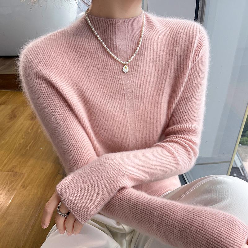 Women's Slim Fit Half-High Neck Wool Sweater - Autumn/Winter Collection, 100% Pure Wool Pullover Base Layer