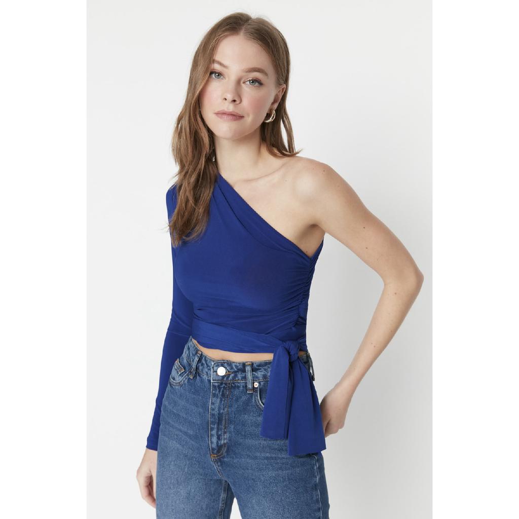 Claret Red Slim Tie Detailed Single Sleeve Crop Stretchy Knitted Blouse Twoaw23bz00094