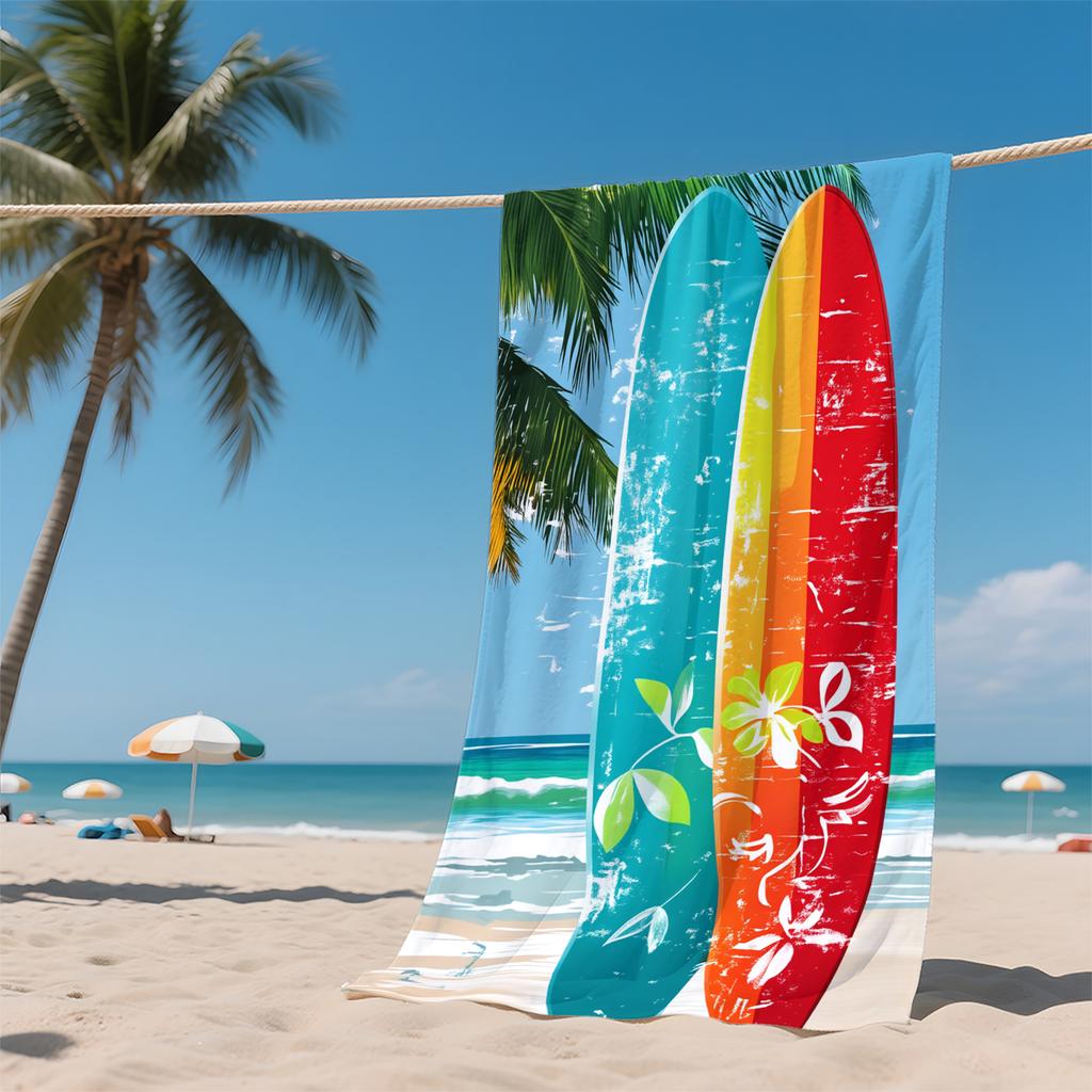 1 Piece Vibrant Tropical Beach Towel-Soft Quick-Dry Microfiber with Surfboard Print, Palm Tree Design For Pool, Travel, Yoga,