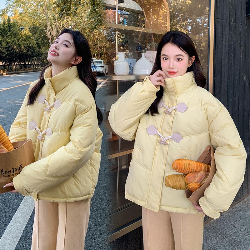 2025 new horn button padded jacket, women's short Korean cotton jacket, loose student cotton jacket, winter coat