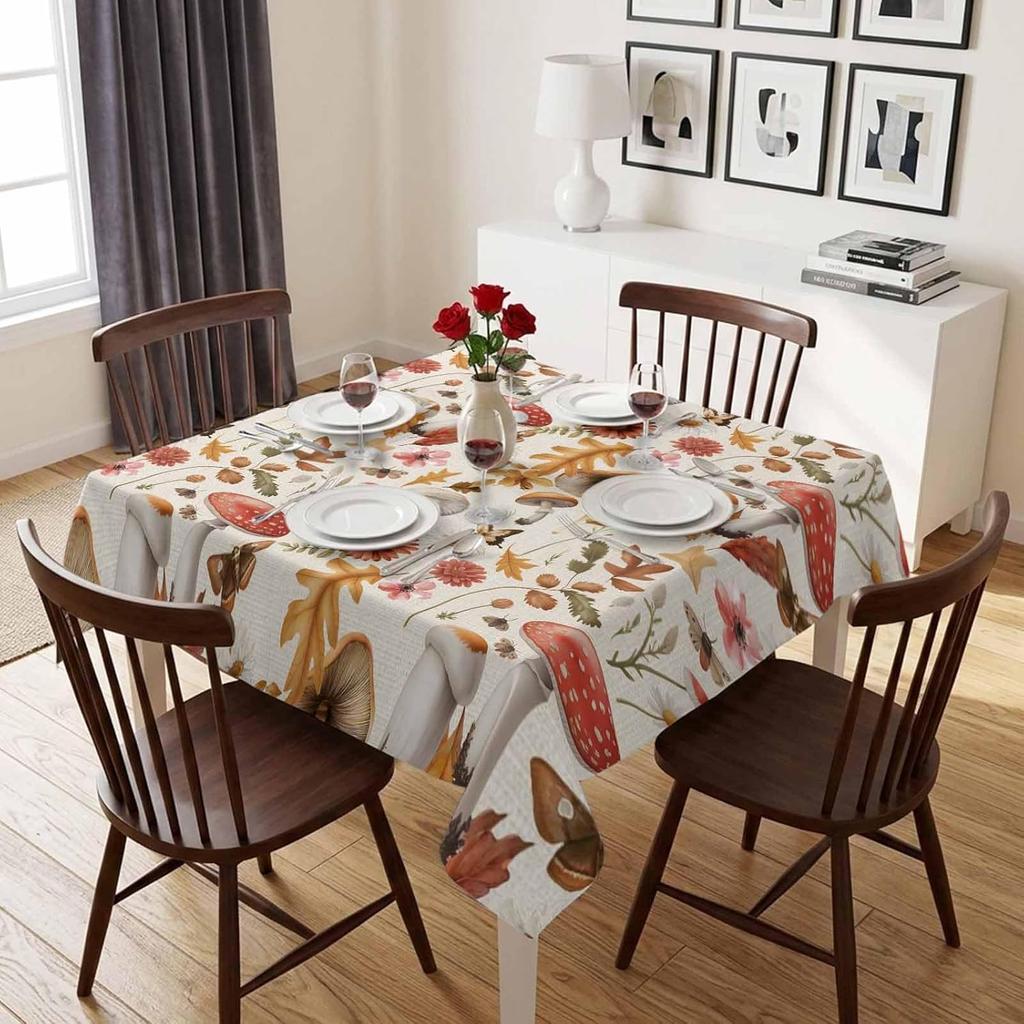 Fall Mushroom Flower Leaves Rectangle Tablecloth for Table Decor Reusable Kitchen Dining Tablecloth Holiday Party Autumn Decor