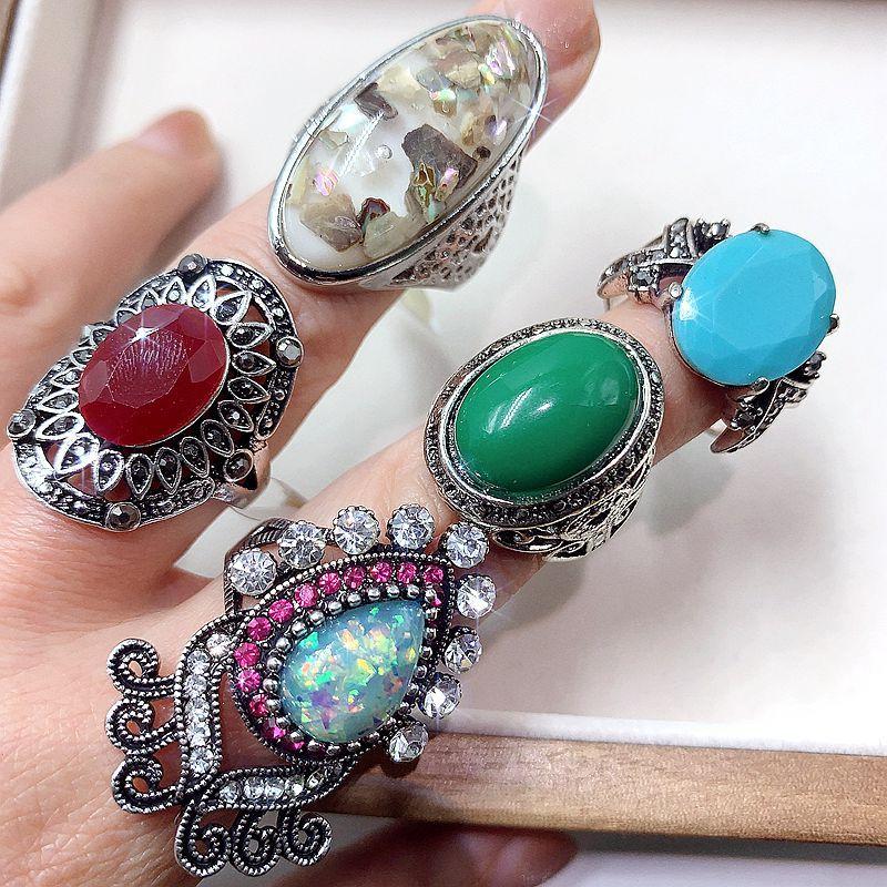 10Pcs retro exaggerated turquoise ring fashionable pearl ring jewelry