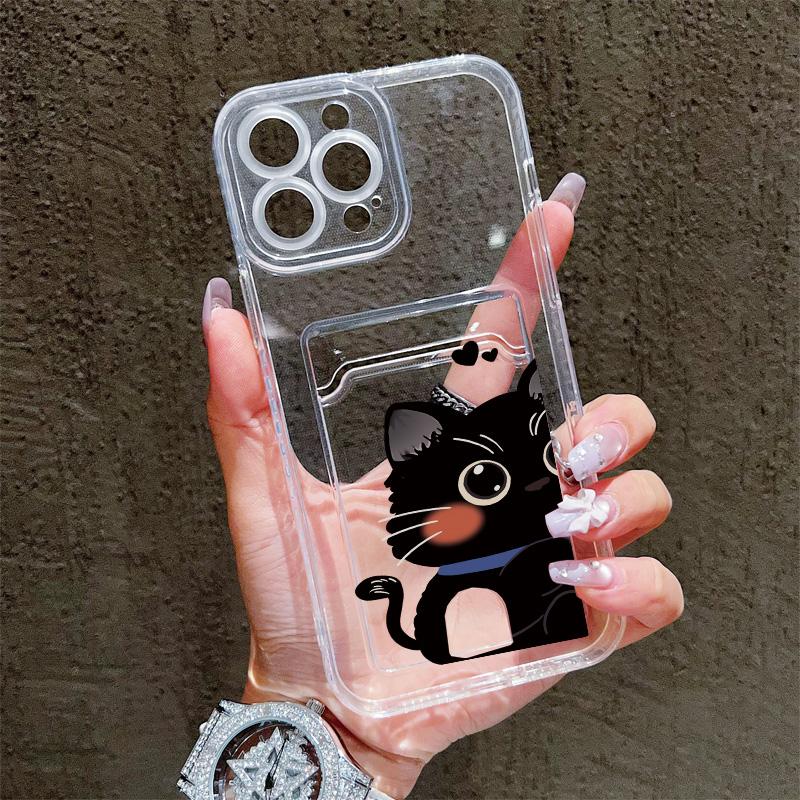 Cartoon Black Cat Printed Soft TPU Clear Shockproof Casing Protective Cover Transparent Full Back Case with 1 Card Slot Holder