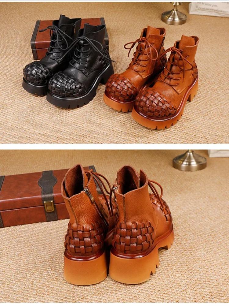 Johnature Retro Genuine Leather Woven Short Boots Lace-up Thick Bottom And Thick Heel Women's Boots