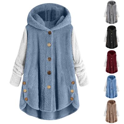 Women's Fashion Stitching Loose Hoodies Long Sleeve Plush Button Coat