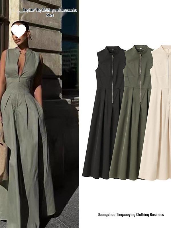 Spring 2026 European & American Style Women's Midi Dress: French Design, Round Neck, Sleeveless, Waist-Cinching, Commuter Chic