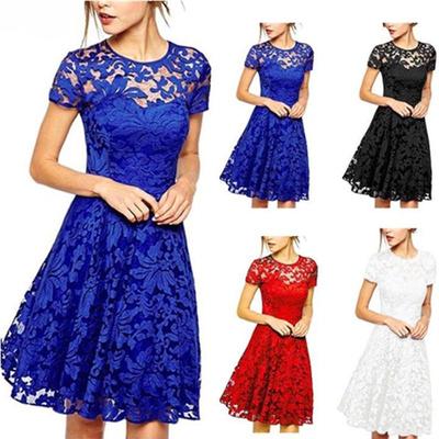 Fashion Women Round Neck Short Sleeve Pleated Lace Slim Dress