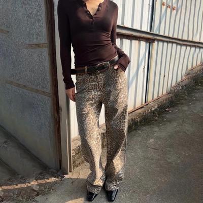 Vintage-Jeans mit Leopardenmuster, Hip-Hop-Straße, gerades Bein, weites Bein, lockere Design-Hose