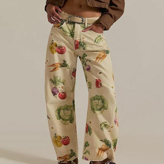 Barrel Jeans for Women Floral Print Boyfriend Baggy Jeans Casual Mid Rise Wide Leg