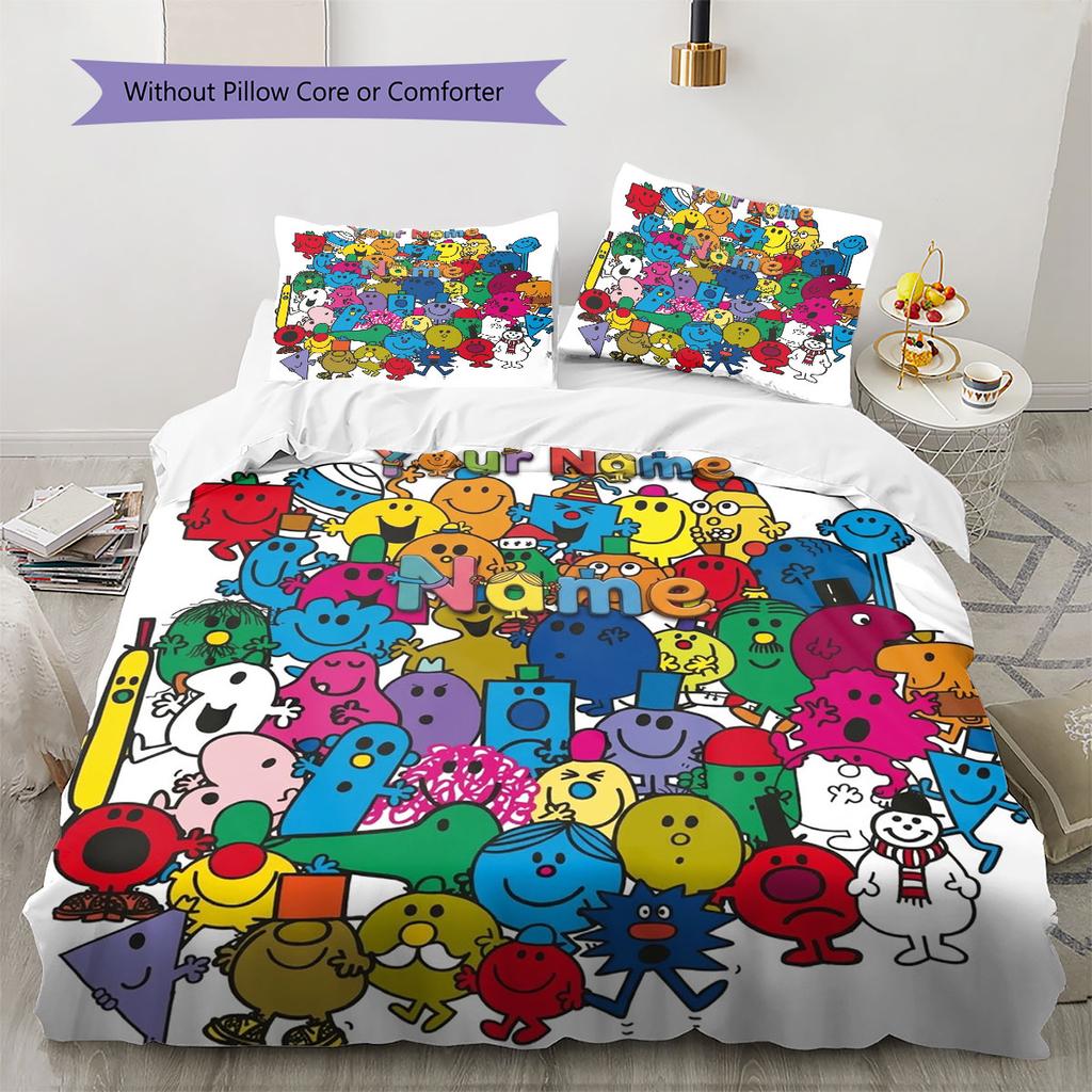 Mr. Men Little Miss Custom Name Pattern Bedding,Quilt Set Quilt Cover Pillowcase Home Birthday Gift(1 * duvet cover + 2 * pillowcase, without core)