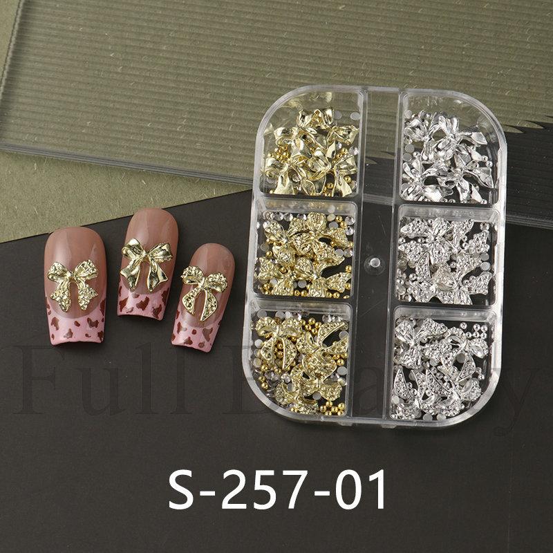 1pc of 6-compartment metal bow rhinestone and steel bead 3D nail art, nail decoration, holiday gift.