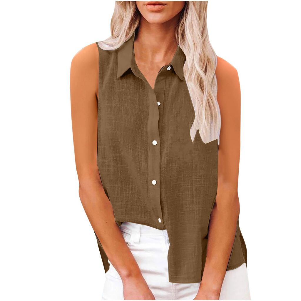 Women's Fashion Casual -Colour Sleeveless Cardigan Collar Cotton-Linen Button-Down Shirt T-Shirt Top