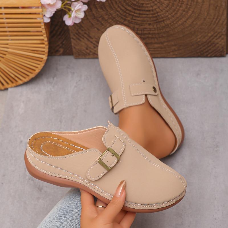 Fashion Plus Size 2025 Summer New Women's Closed Toe Slippers Hot Sale Round Toe Buckle Low Heel Sandals Outdoor Daily Casual Slippers