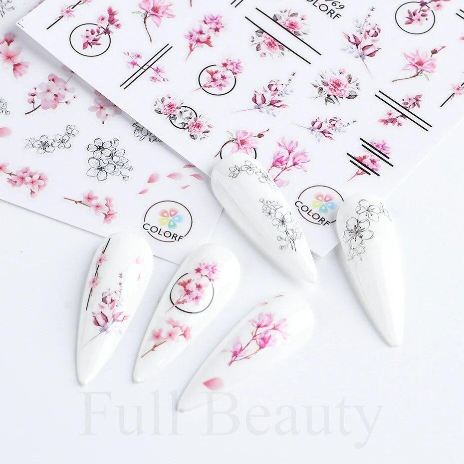 3D Nail Stickers Flowers Pink Purple Blossom Florals Leaves Decals Nail Art Adhesive Sliders Charms Manicure Decorations TRCA769