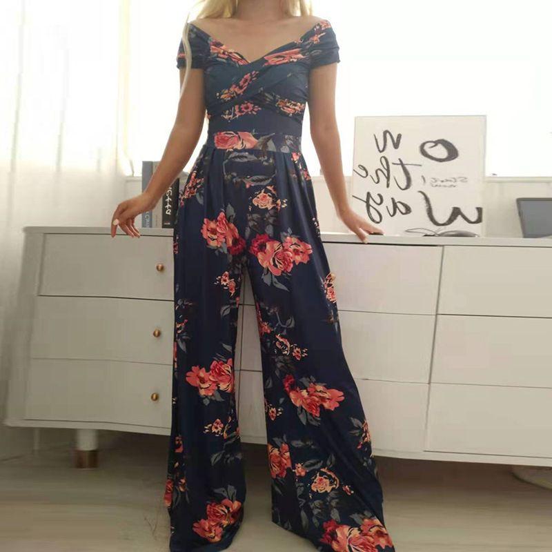 

Leggings 2023 Spring and Summer Fashion Style Women s Clothing Fashion Temperament Trend Work Clothing Print Wide Leg Jumpsuit Dark blue safflower M