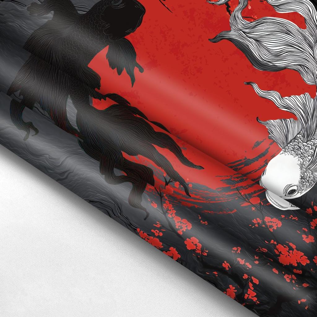 Raoycla Japanese Anime Tapestry, Red and Black Yin Yang Koi Fish Tapestries, Cherry Blossom Cool Asian Mens Masculine Art Tapestry Hanging for