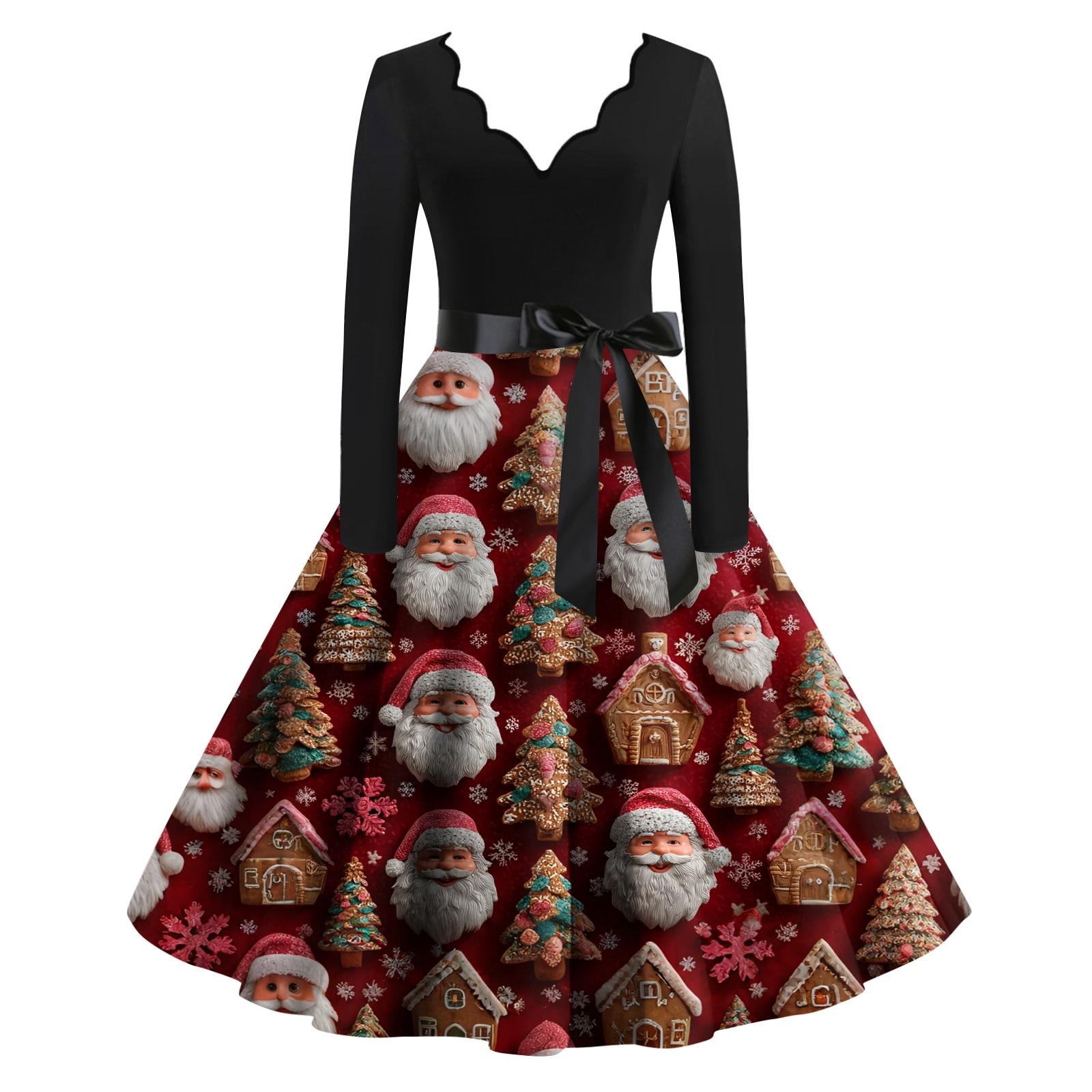 

Женское повседневное и модное платье с V-образным вырезом, длинными рукавами и рождественским принтом S