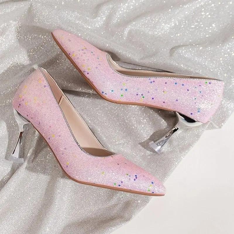 Fashion NEW Sequins Women Pumps 2024 Comfort Fashion Luxury Crystal High Heel Party Wedding Shoes Woman Elegant Pointed Toe Pumps