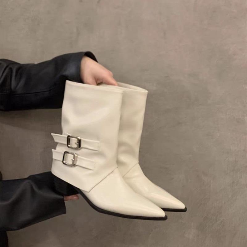 Pointed high-heeled brown small short boots women's shoes new spring and autumn single boots retro belt buckle medium tube pants tube boots