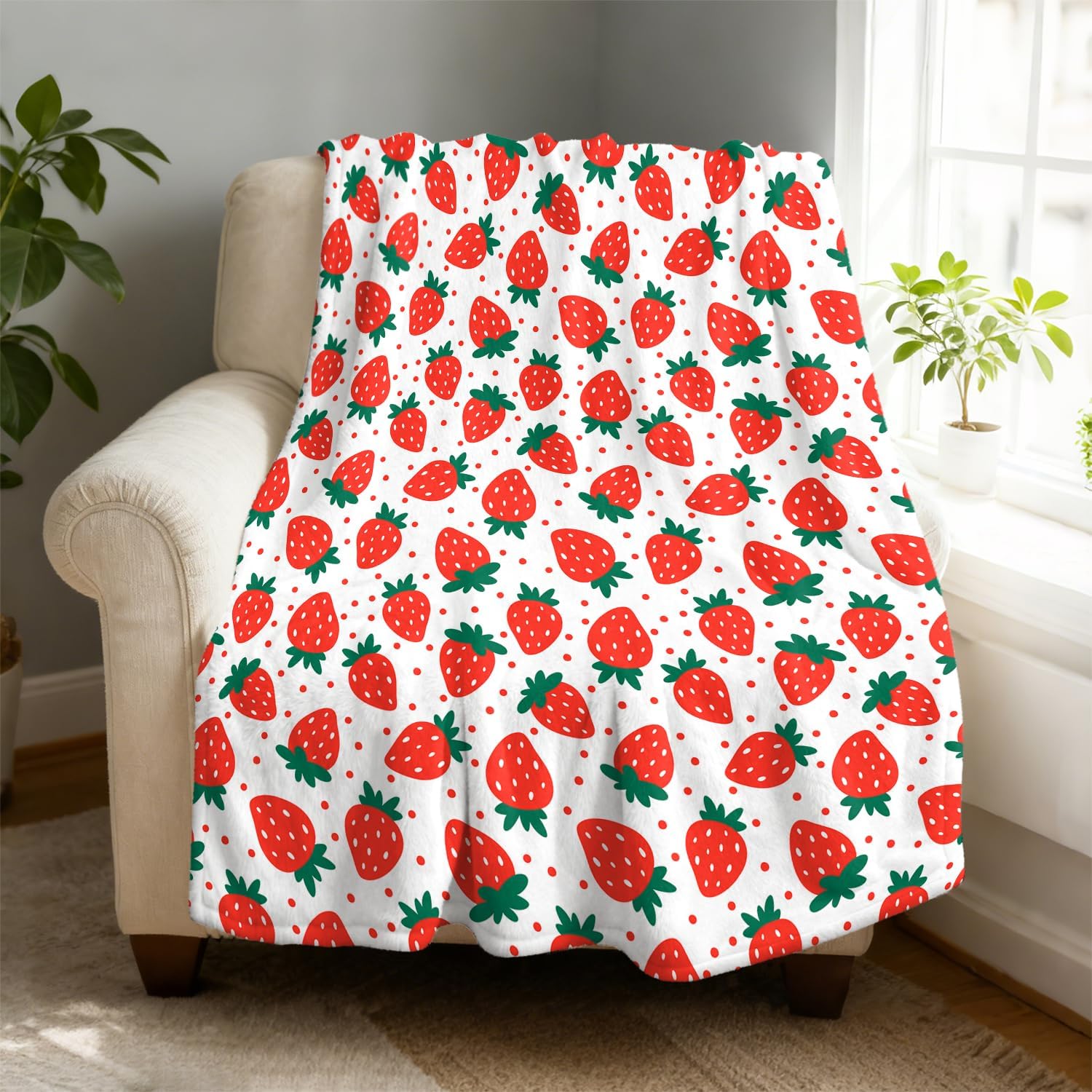 Cute Strawberry Blanket, Plush Soft Warm Flannel Sweet Fruit Throw Blanket for Couch, Travel, Bed, Outdoor, Gift for Teen Adult 75x90cm