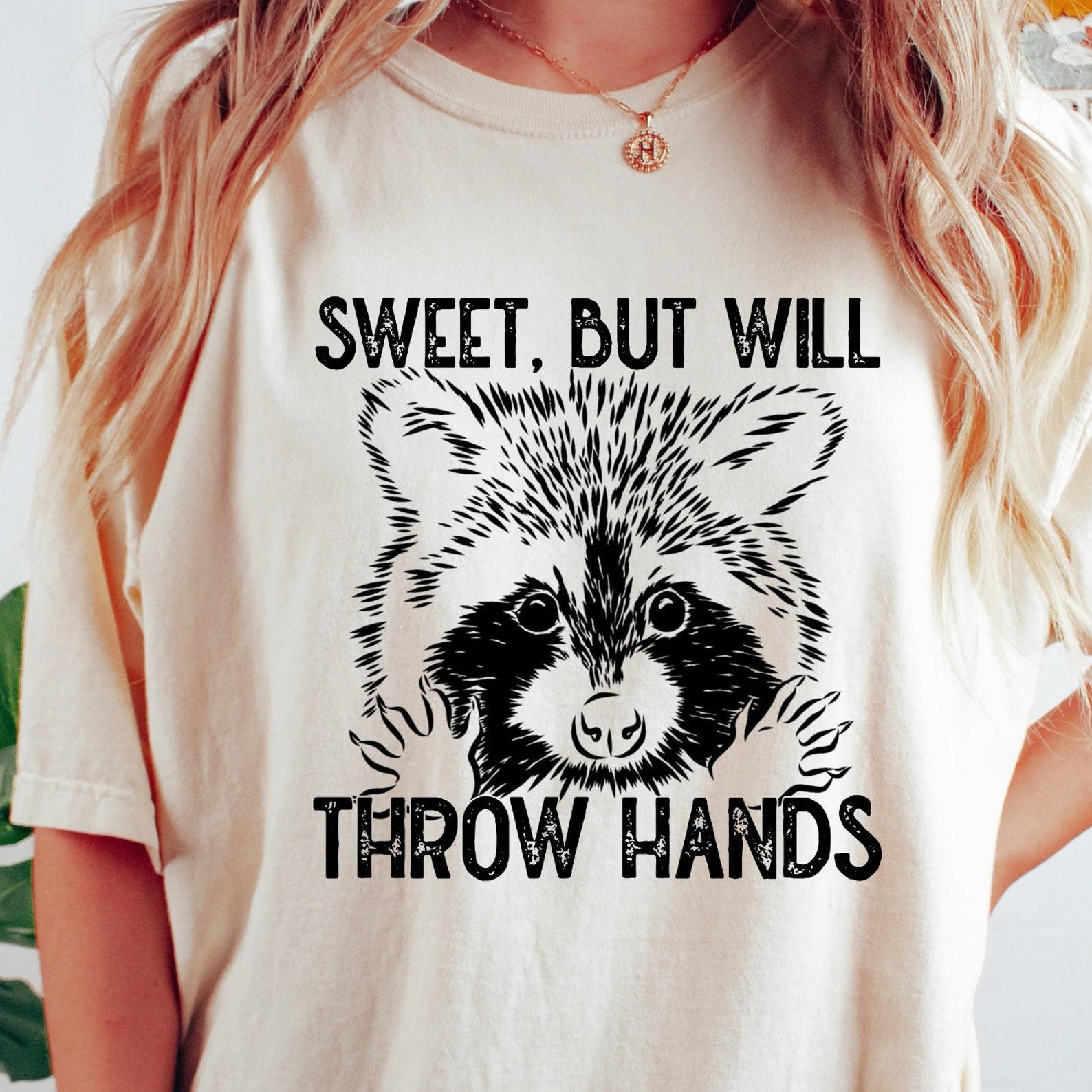 Sweet But Will Throw Hands Shirt, Funny Raccoon Shirt, Vintage Retro Meme Graphic Tee, Comfort Colors Unisex T-Shirt, Humorous Raccoon Gift L