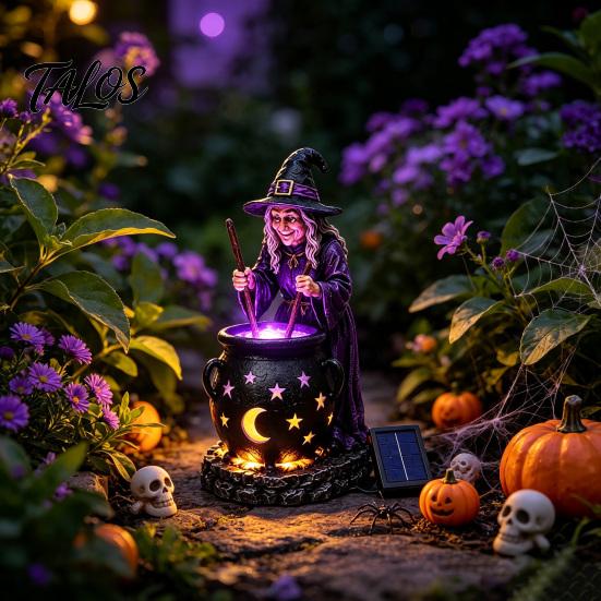 Pryskyřičný kotel čarodějnice Solární soška se svítícím kotlíkem, Venkovní Halloweenské zahradní světlo, Strašidelná dekorativní figurka pro dvorek trávník verandu cestičku